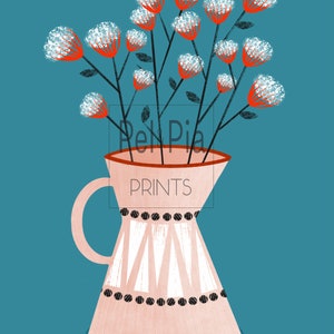 May include: A pink ceramic vase with a geometric pattern and black accents holds a bouquet of white flowers with red stems. The vase has the text "Pel Pia Prints" on the front.