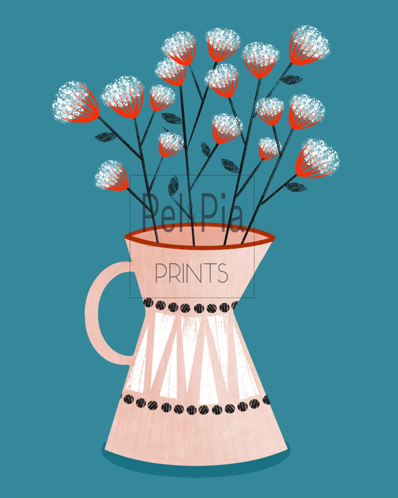 May include: A pink ceramic vase with a geometric pattern and black accents holds a bouquet of white flowers with red stems. The vase has the text "Pel Pia Prints" on the front.