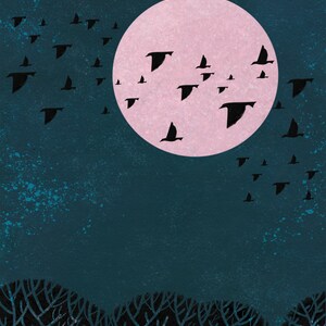 May include: A dark blue sky with a large pink moon and a flock of black birds flying in formation. The moon is in the center of the image and the birds are flying around it. The sky is textured with a light blue splatter pattern.