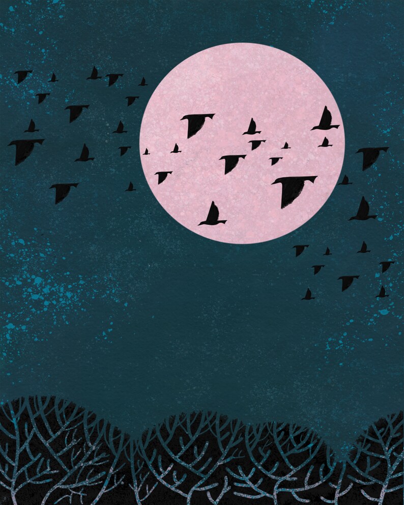 May include: A dark blue sky with a large pink moon and a flock of black birds flying in formation. The moon is in the center of the image and the birds are flying around it. The sky is textured with a light blue splatter pattern.