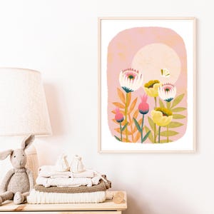 May include: A pink and yellow floral illustration with a white butterfly. The flowers are in a cluster with a large yellow sun in the background.
