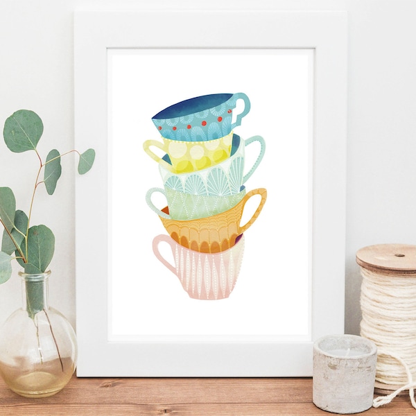 Retro Kitchen Art | Colourful Wall Art | Printable Kitchen Art | Teacup Art Print | Tea Lover Gift