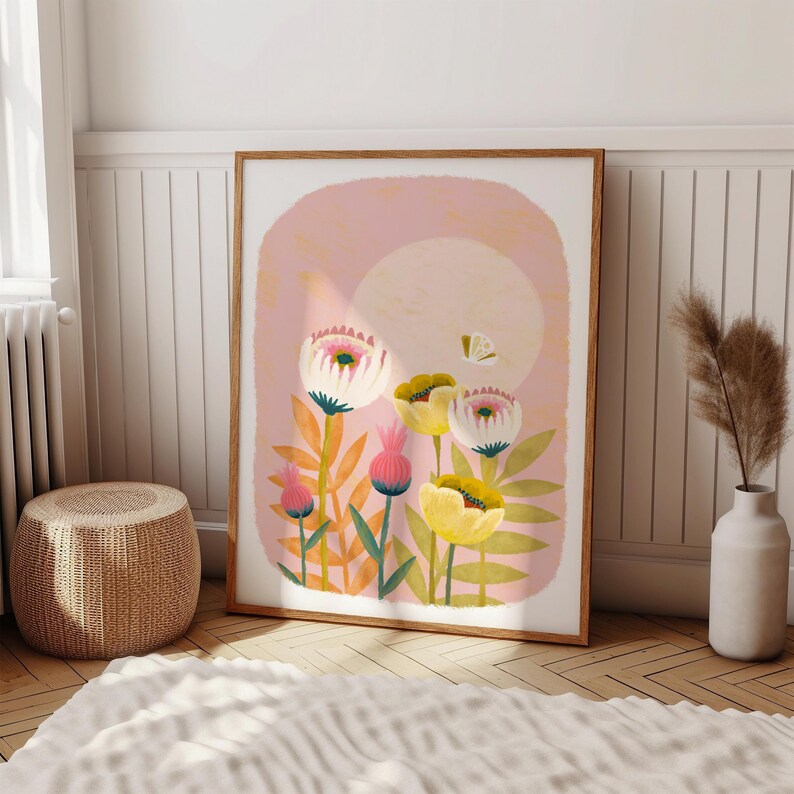 Flower print, botanical wall art, pastel print, girls room decor, girls room prints, butterfly print, the secret garden, wall art prints