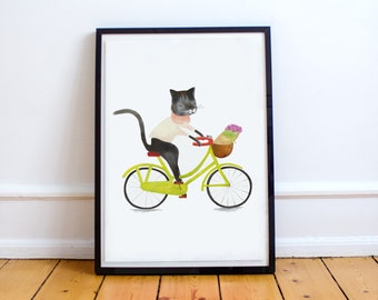 Funny Cat Nursery Art, Cat on Bicycle Print, Cat Illustration, Cat Nursery Printable, Cat Decorations, Neutral Nursery Decor, Digital