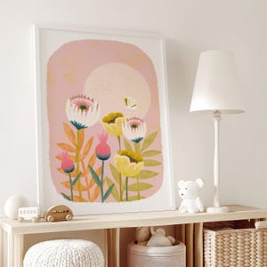 May include: A pink and yellow floral print with a white butterfly. The flowers are in a field with a pink sky and a large white circle in the background.