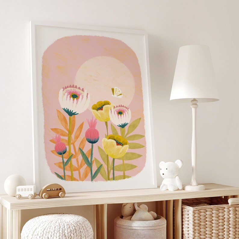 May include: A pink and yellow floral print with a white butterfly. The flowers are in a field with a pink sky and a large white circle in the background.