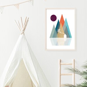 Nordic Mountain Art Print, Whimsical Mountain Landscape Prints, Boho Nursery Décor, Scandinavian Print, Abstract Mountain, Digital image 3