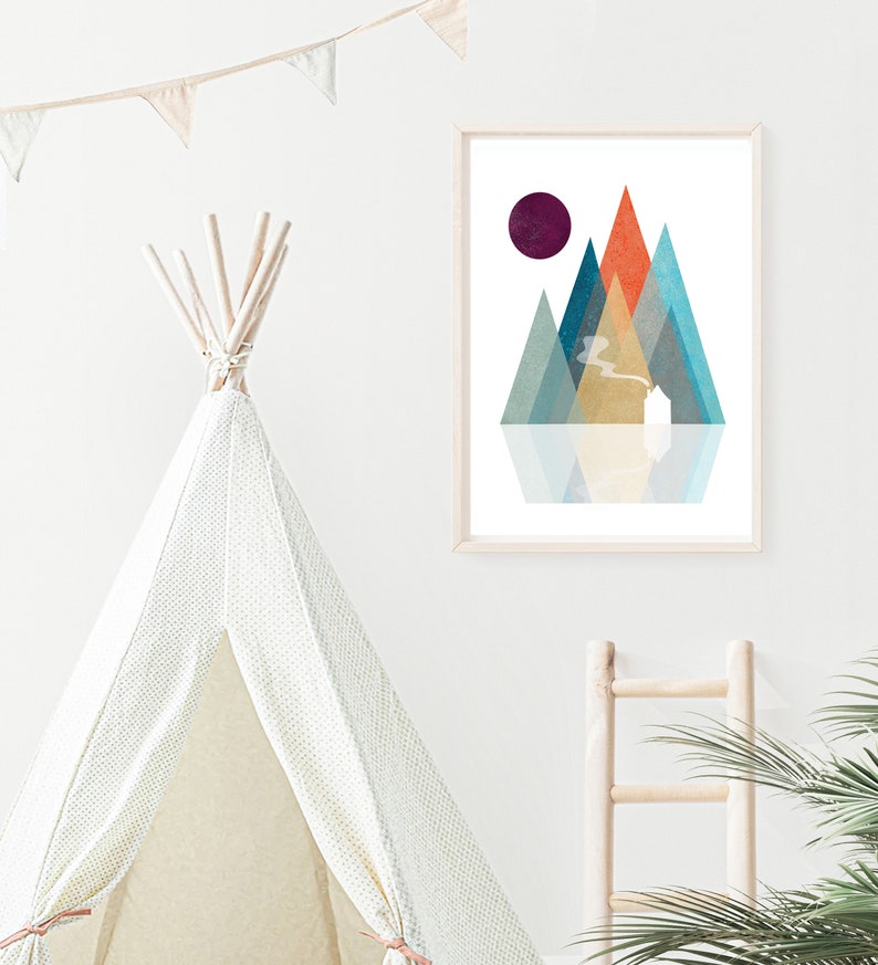 Nordic Mountain Art Print, Whimsical Mountain Landscape Prints, Boho Nursery Décor, Scandinavian Print, Abstract Mountain, Digital image 3