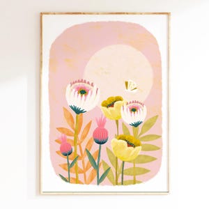 May include: A framed print with a pink background and a large white circle in the center. The circle is surrounded by a variety of flowers in shades of pink, yellow, and green. A small white butterfly is flying above the flowers.