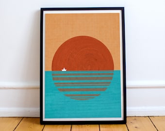Arte de la pared del atardecer del océano, impresión del vivero del atardecer boho, arte del océano del barco de papel, imprimible de la guardería, decoración de la habitación de los niños, arte del atardecer boho, digital