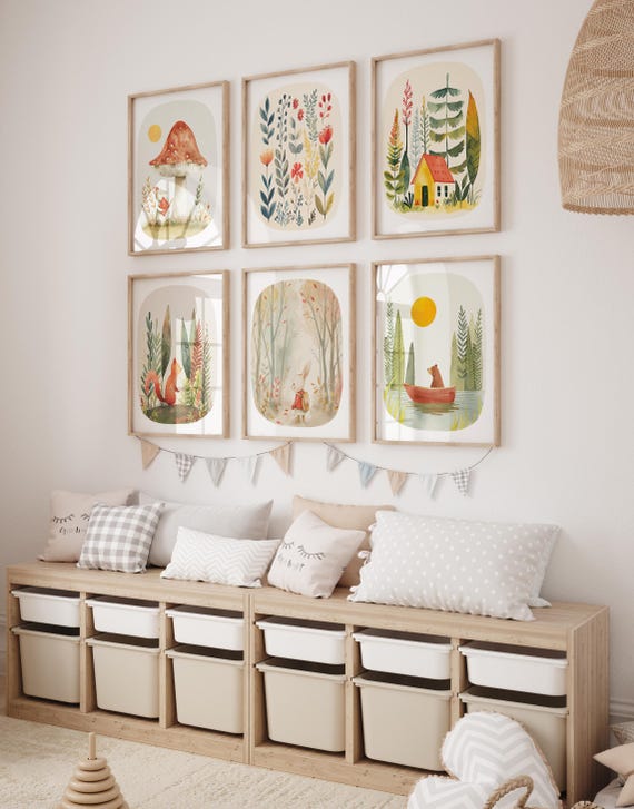 Vintage Woodland Nursery Wall Art, Vintage Storybook Nursery Decor, Whimsical Playroom Prints, Forest Nursery Art