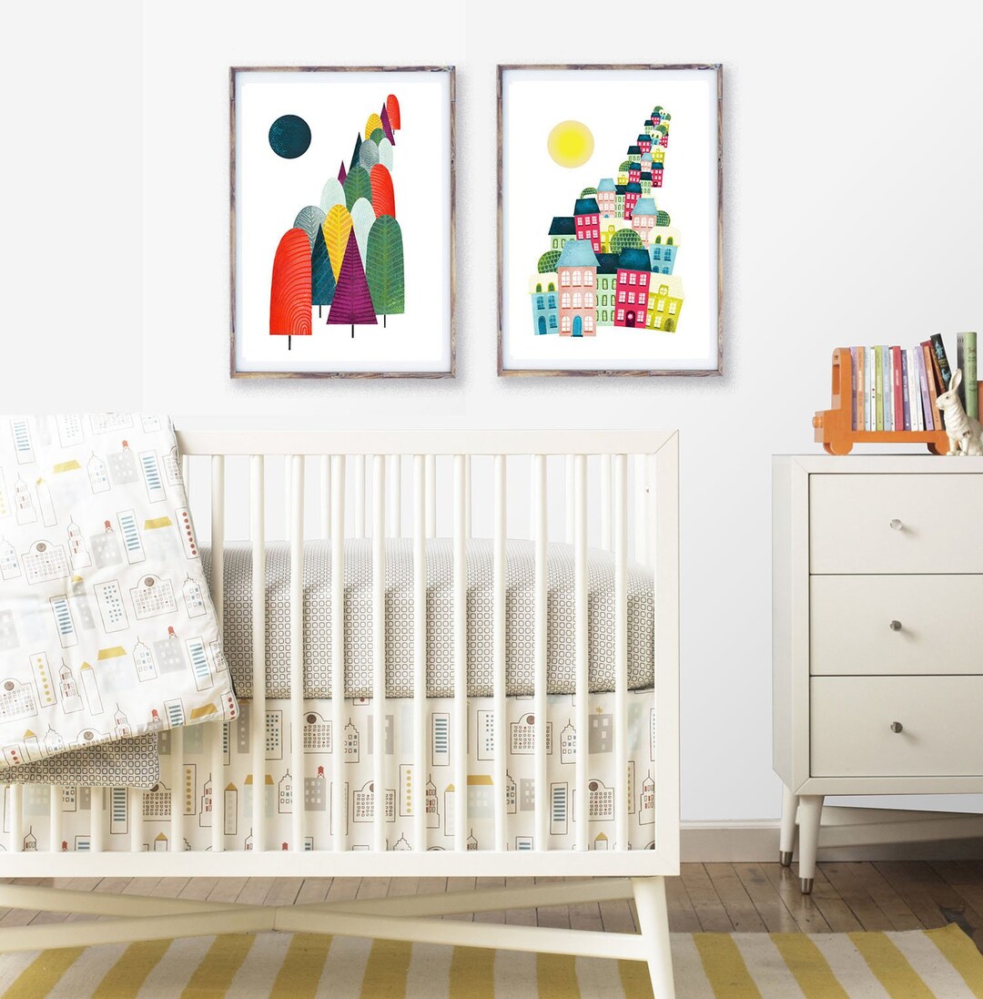 Whimsical Art Print Set of 2, Nordic Trees Print, Whimsical Houses ...