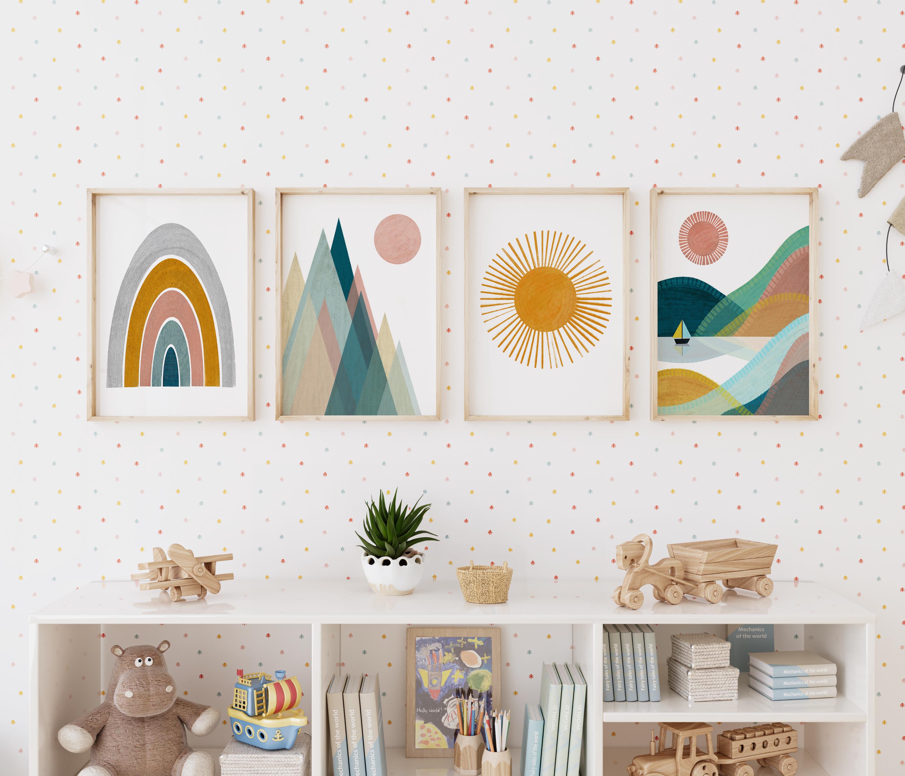 Boho Nursery Printable, Set of 4 Prints, Nordic Nursery Decor, Nursery Wall Art, Mountain Print, Sunshine Print, Rainbow Print,