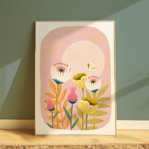 May include: A pink and gold floral print with white, yellow, and pink flowers. The flowers are surrounded by green leaves and a butterfly is flying above them.