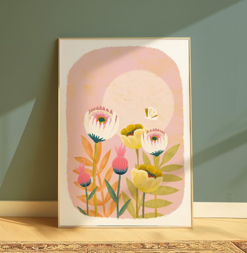 May include: A pink and gold floral print with white, yellow, and pink flowers. The flowers are surrounded by green leaves and a butterfly is flying above them.