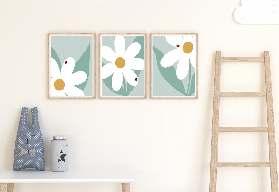 Set of 3 Prints, Daisy Flower Print Set, Daisy Wall Art, Ladybug Print ...