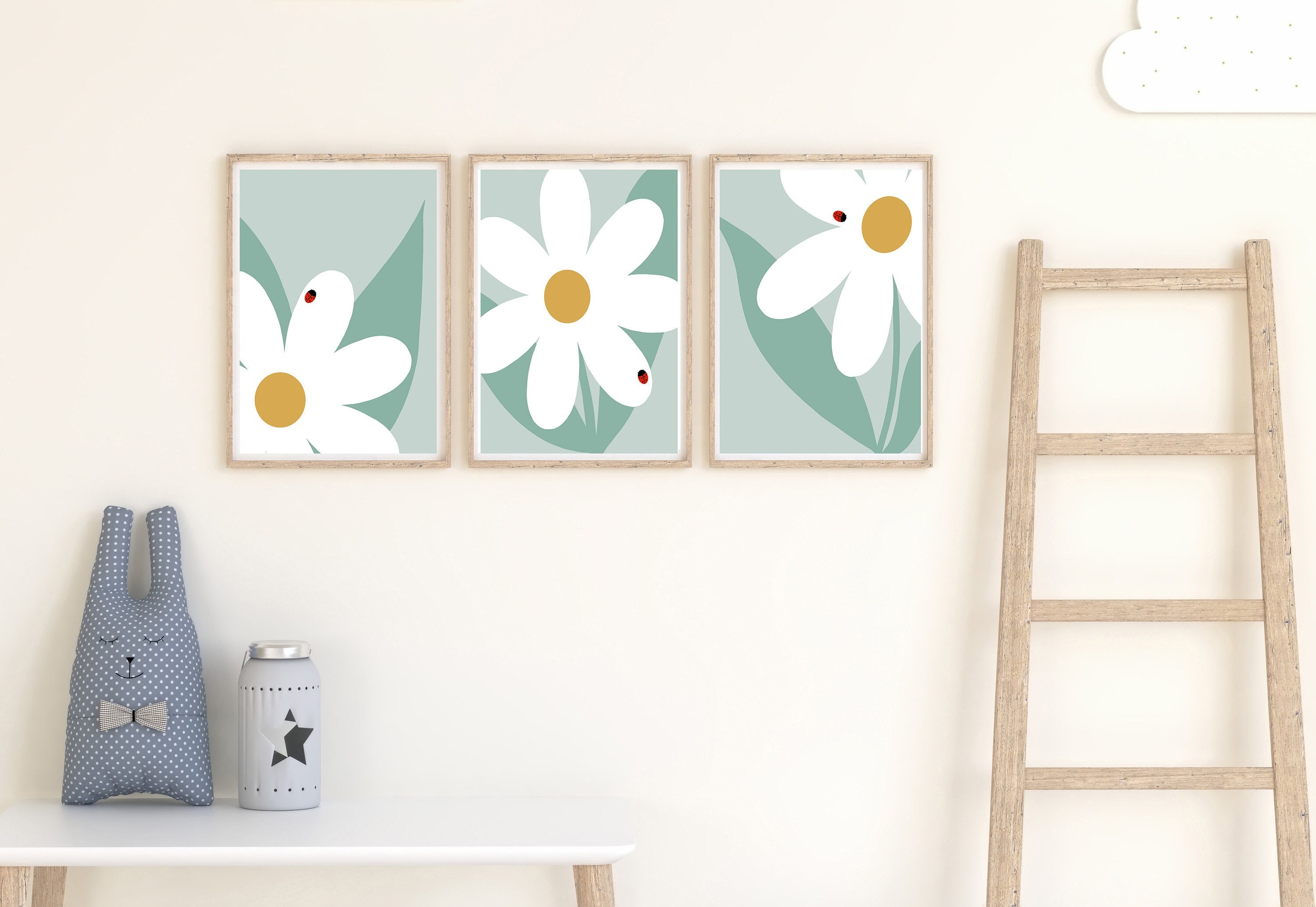 Set of 3 Prints, Daisy Flower Print Set, Daisy Wall Art, Ladybug Print ...