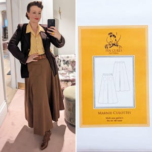 May include: A woman wearing a brown skirt, a yellow blouse, and a brown blazer. She is holding a phone in her right hand. The image also shows a sewing pattern for a pair of culottes called "Marnie Culottes" from "Pin Curls Patterns". The pattern is for a multi-size pattern that fits sizes 24-40 waist.