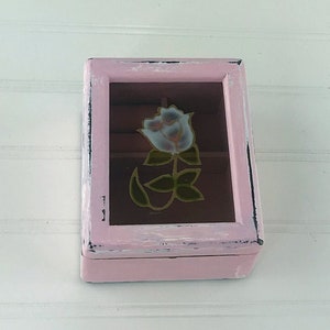 Jewelry Box, Vintage Small Pink Shabby Chic Jewelry Box with Flowered Glass Top - Distressed Jewelry and Trinket Storage, Shabby Chic Decor