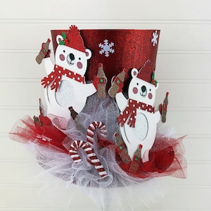 Christmas Decor, Top Hat, Red with Polar Bears & Snowflakes - Christmas Tree Decorations, Snowflake Ornaments, Red Tree Topper, Bear Decor
