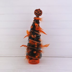 Halloween Decor, Black Bottle Brush Tree, 12.5 in. tall, Halloween Sisal Tree, Sisal Shelf Sitter, Retro Themed Bottle Brush, Jack-O-Lantern