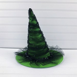 Halloween Decor, Slanted Witch Hat, 10 in. tall x 10 in. width-Halloween Tree Ornament, Green Witch Hat Tree Topper, Halloween Shelf Sitter
