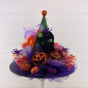 Halloween Decor, Witch Hat, 7.5 in. tall x 10 in. width - Halloween Tree Ornaments, Green Witch Hat Tree Topper, Halloween Shelf Sitter
