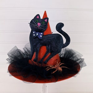 Halloween Decor, Witch Hat, 7.5 in. tall x 10 in. width, Halloween Tree Topper, Black Cat Ornaments, Spider Decorations, Witch Decor