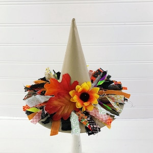 Halloween Decor, EXTRA SMALL Witch Hat, 5.5 inches tall - Tree Topper, Halloween Ornaments, Fall Decorations, Khaki with Sunflower & Garland