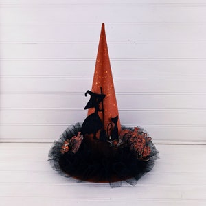 Halloween Decor, TALL Witch Hat, 13.5 in. tall - Halloween Tree Ornaments, Orange Witch Hat Tree Topper, Witch & Black Cat Shelf Sitter