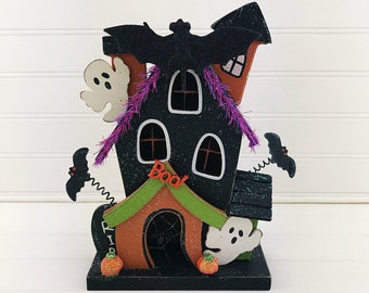 Glitter Haunted House Decor: Wood Halloween Ornament with Ghosts & Bats