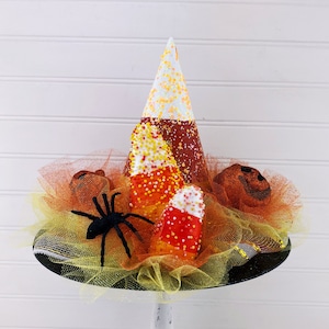 Halloween Decor, Witch Hat, Candy Corn Theme - Halloween Tree Topper, Candy Corn Ornaments, Spider Decorations, Pumpkin Decor
