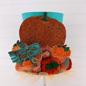 Fall Decor, Top Hat, Aqua with Pumpkin Patch - Autumn Tree Topper, Harvest Centerpiece, Thanksgiving Decorations, Pumpkin Ornaments