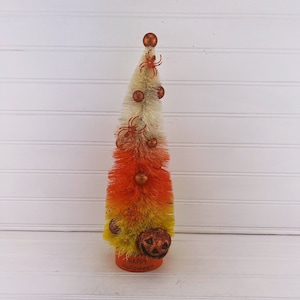 Halloween Decor, Candy Corn Bottle Brush Tree, 12.5 in. tall, Halloween Sisal Tree, Sisal Shelf Sitter, Retro Themed Bottle Brush Tree