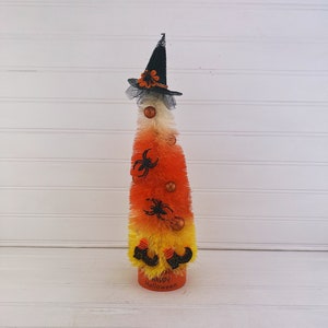 Halloween Decor, Candy Corn Bottle Brush Tree, 13 in. tall, Halloween Sisal Tree, Sisal Shelf Sitter, Retro Themed Bottle Brush, Witch Decor