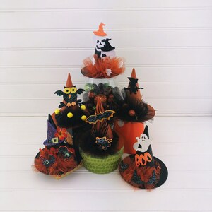 Halloween Decor, Witch Hat Tree Ornaments - Halloween Tree Decorations, Haunted House Decor, Black & Orange 6 Pack with Halloween Creatures