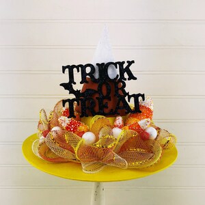 Halloween Decor, Witch Hat, 7.5 in. tall x 10 in. width - Halloween Tree Ornaments, Candy Corn Witch Hat Tree Topper, Halloween Shelf Sitter