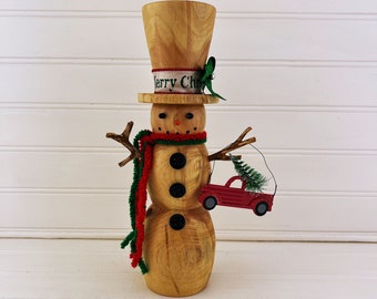 Turned Wood, Snowman - Hand Turned Eldarica Pine Snowman, Primitive Christmas Decorations, Winter Ornaments, Snowman Decor, Woodland Snowman