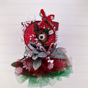 Christmas Decor, Top Hat, 7 in. tall x 7.5 in. width, Christmas Tree Topper, Reindeer Ornament, Retro Christmas Decorations, Snowflake Decor