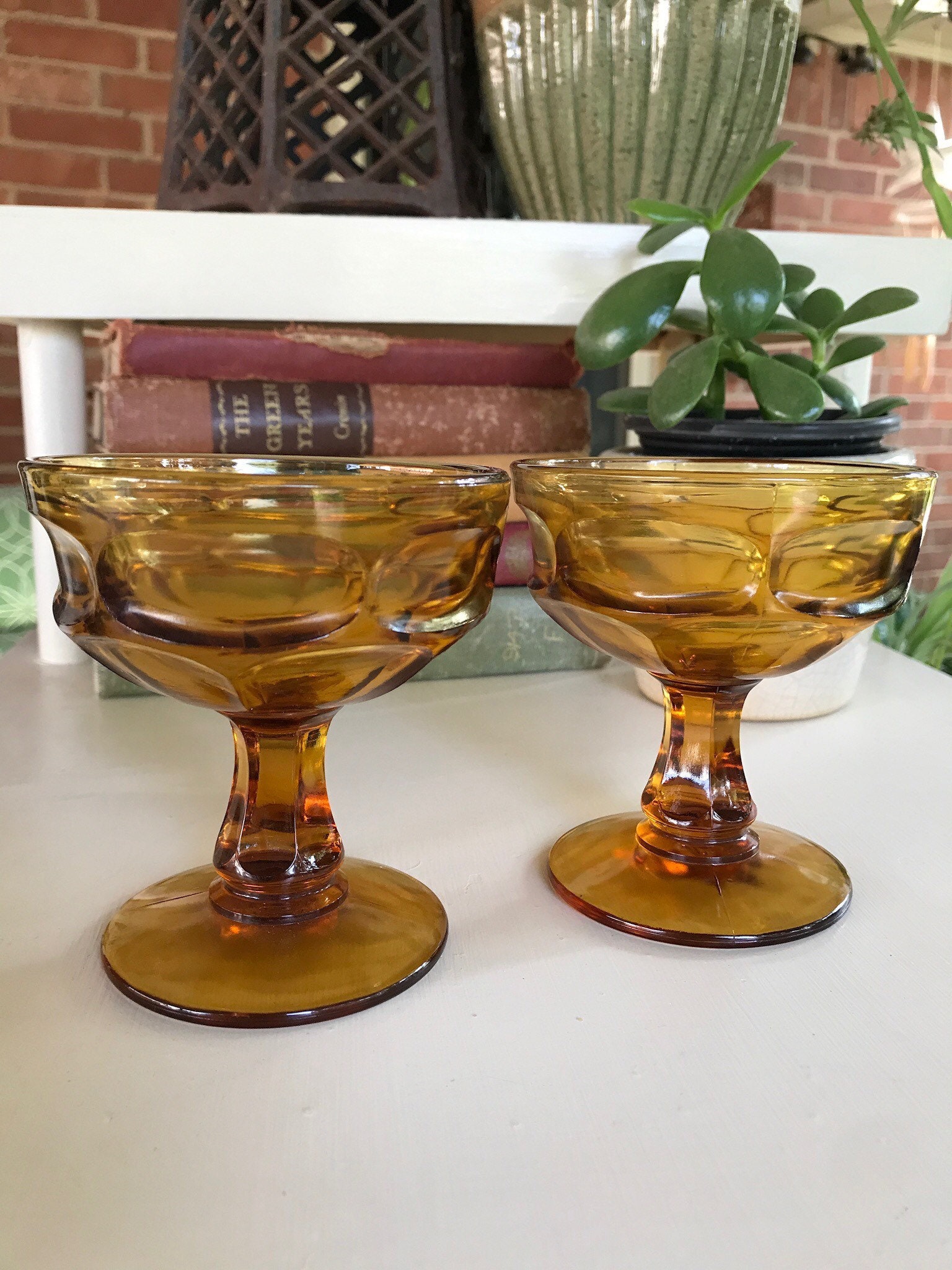 Set of 4 MCM Embossed Amber Glass Dessert or Ice Cream Bowls