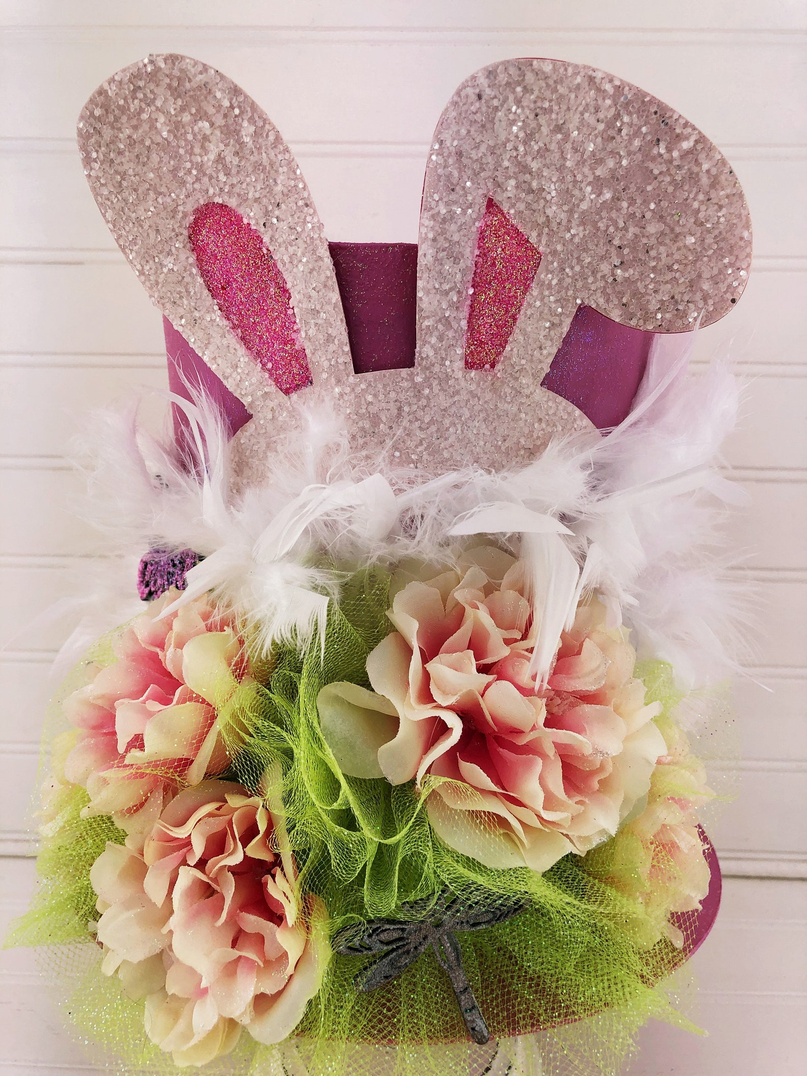 Animal Easter Hat Pink Velvet Bunny Ear Decoration With Yellow