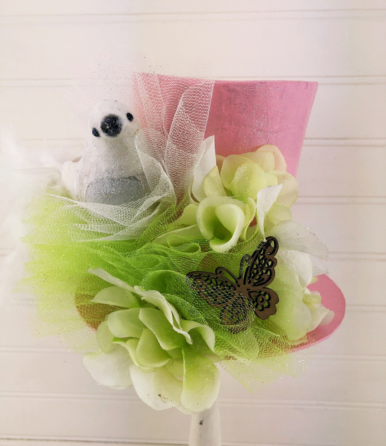 Easter Decor Top Hat Tree Topper Pink with Flowers & Bird Etsy