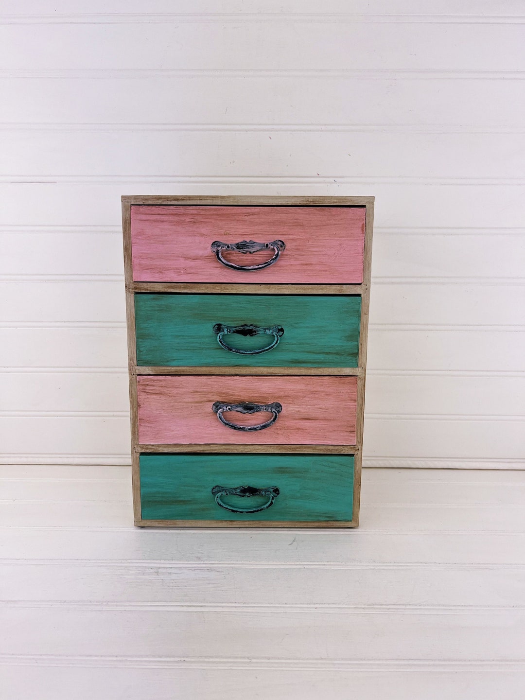Jewelry/craft Storage Box With Four Drawers Antiqued/distressed Storage Chest in Offwhite With