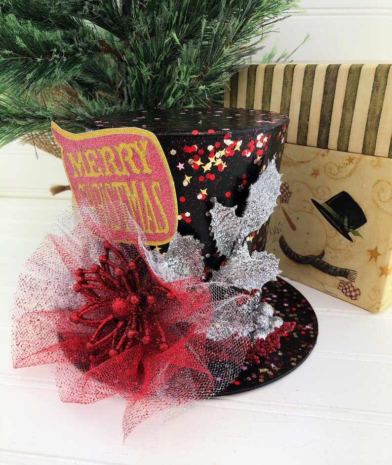 Christmas Decor Top Hat Tree Topper Black With Merry Etsy