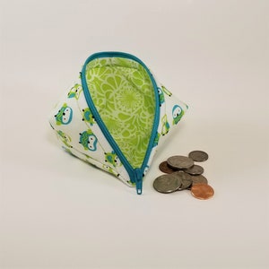 Owl Zipper Pouch: Turquoise and Green Coin Bag