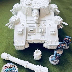 May include: A large white unpainted model tank featuring a central turret, multiple side cannons, and intricate armoured plating. Included are a separate long barrel component, a small cylindrical part, and three painted miniature soldier figures.