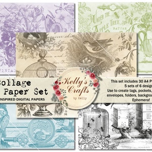Collage Tear Paper Set for Journaling and Scrapbooking - 5 sets of 6 designs that can be used as Pages or Backgrounds for Journals