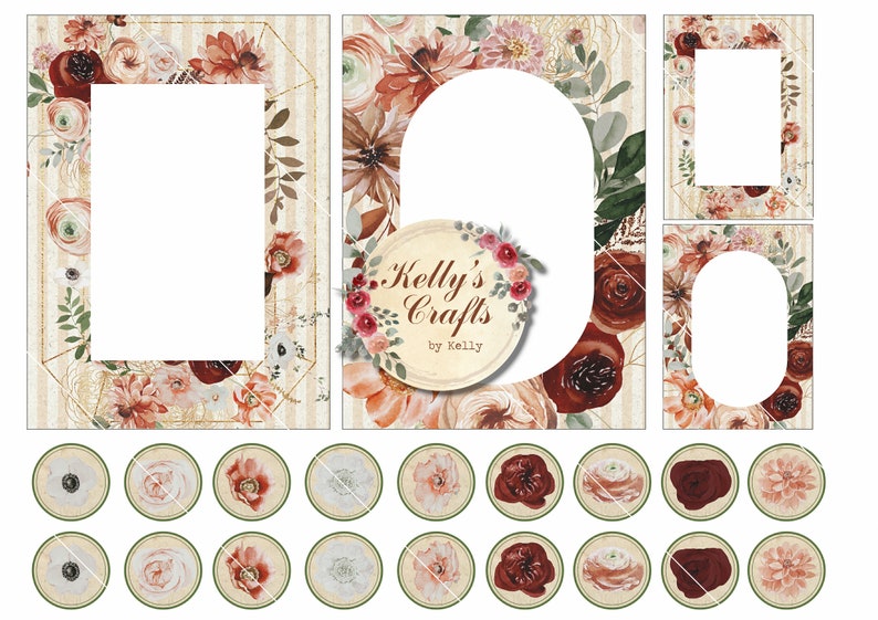 Puede incluir: Una colecci&oacute;n de elementos de arte digital floral con marcos, formas ovaladas y dise&ntilde;os circulares. Los marcos y las formas est&aacute;n adornados con flores de acuarela en tonos rojos, burdeos y crema, con detalles dorados y un fondo a rayas. Los dise&ntilde;os circulares presentan ilustraciones de flores individuales.