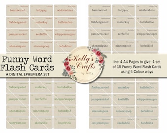 May include: Four pages of printable flashcards featuring 15 funny words, such as "bamboozled", "lollygag", and "whippersnapper". Each word is displayed on a separate card with a beige background and green text. The cards are designed to be printed on A4 paper.