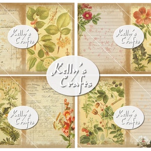 May include: Four vintage-style paper squares with floral illustrations and handwritten text. Each square features a different floral design, including roses, daisies, and berries. The text includes the words "Kelly's Crafts" and "Tallissements rettame".